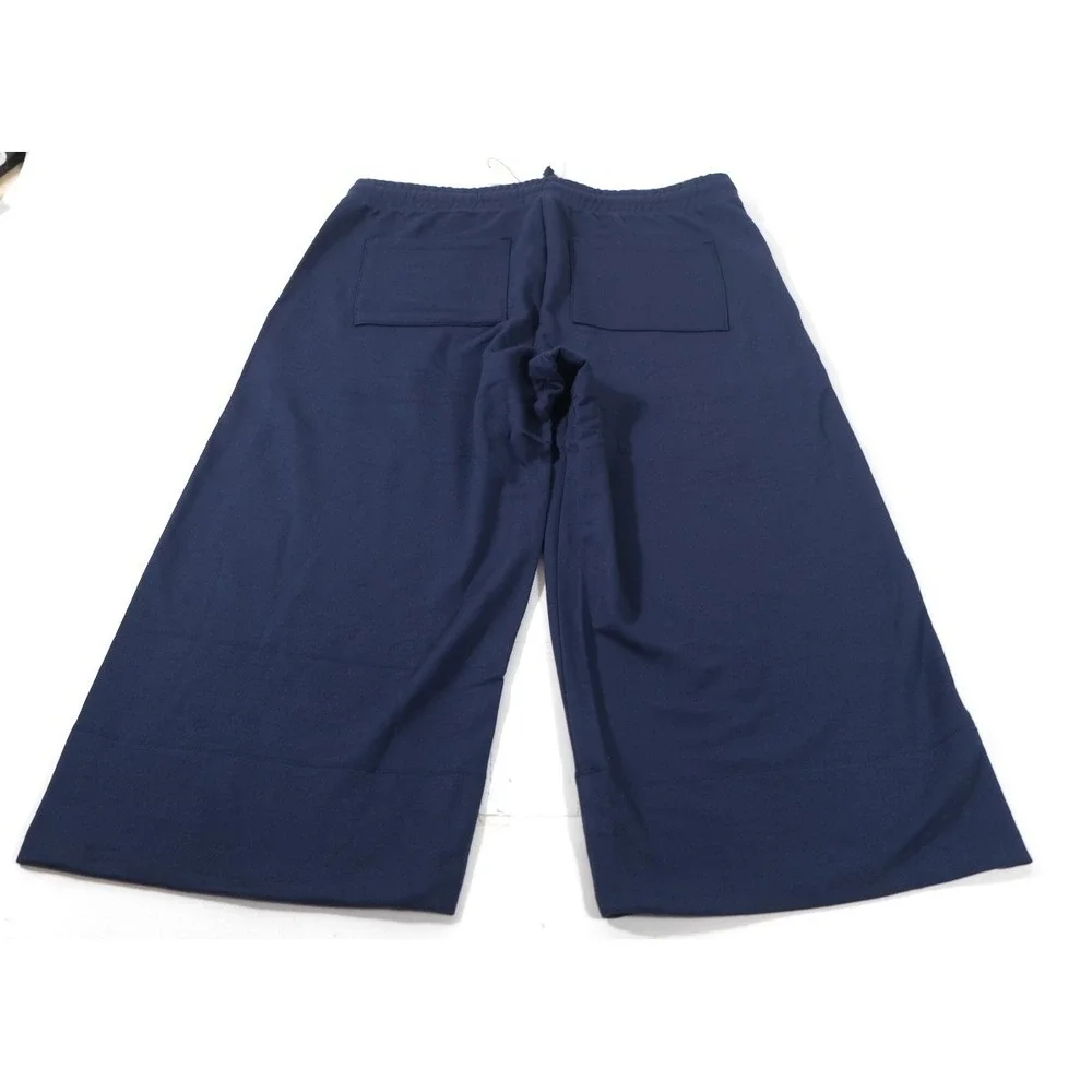 Quince Pants Women L Navy SuperSoft Fleece Wide Leg Cropped Drawstring Pockets